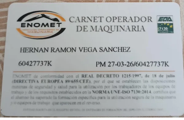 Carnet ENOMET de operador de maquinaria conforme a UNE-ISO 7130:2014 y RD 1215/1997