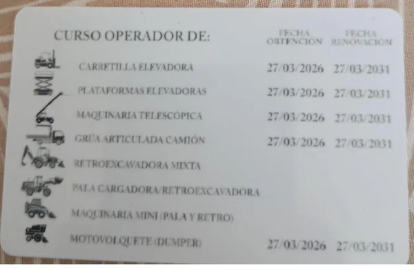 Reverso del carnet con maquinaria certificada: carretilla, plataformas elevadoras, telescópica, grúa articulada y motovolquete