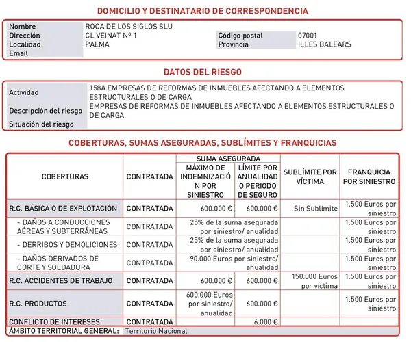 Certificado del seguro de responsabilidad civil de Roca de los Siglos SLU con coberturas activas hasta 600.000 € por siniestro