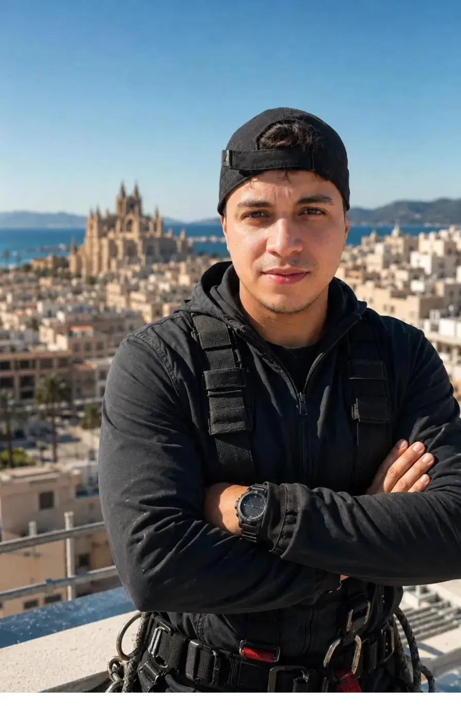 Hernán Vega, responsable técnico y fundador de Roca Verticales, en una azotea de Palma de Mallorca con la Catedral al fondo